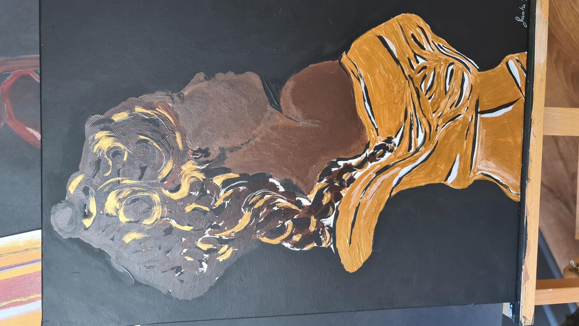 Buste féminin peint à l'acrylique sur fond noir par Fanta