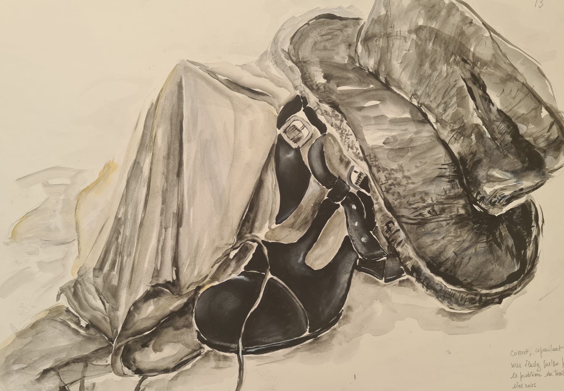 Nature morte aux chaussures, lavis d'encre