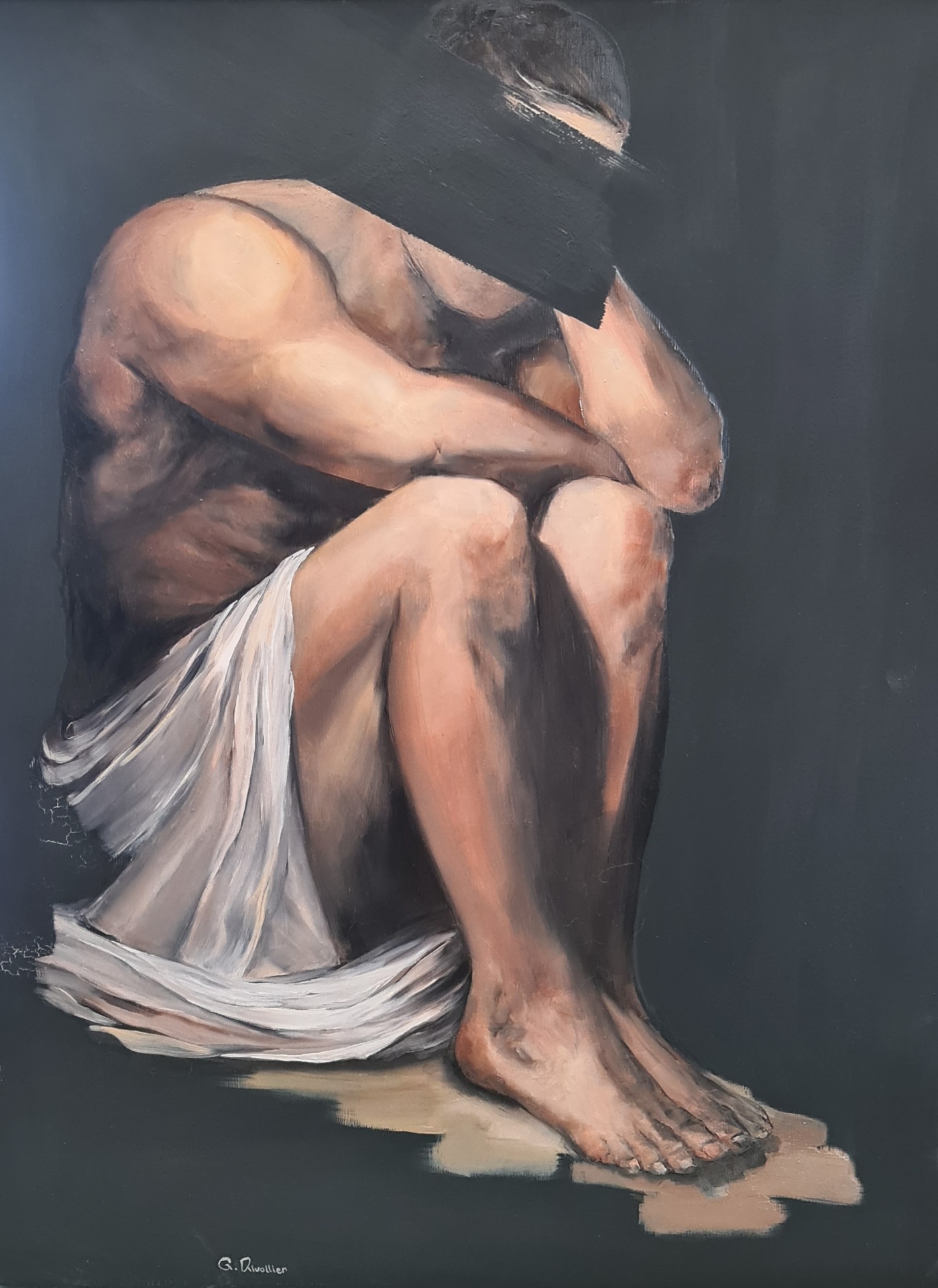 Isolement — figure assise recroquevillée, huile sur toile, Galerie AINAY