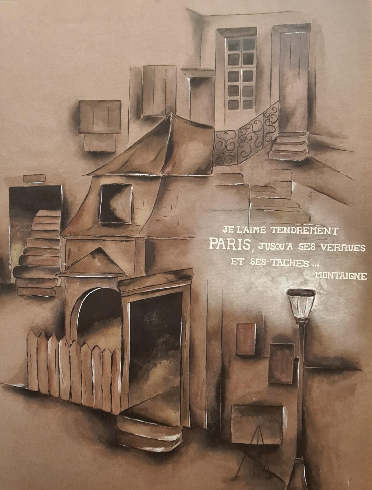 Paris, ses verrues et ses taches — citation de Montaigne, pastel sépia