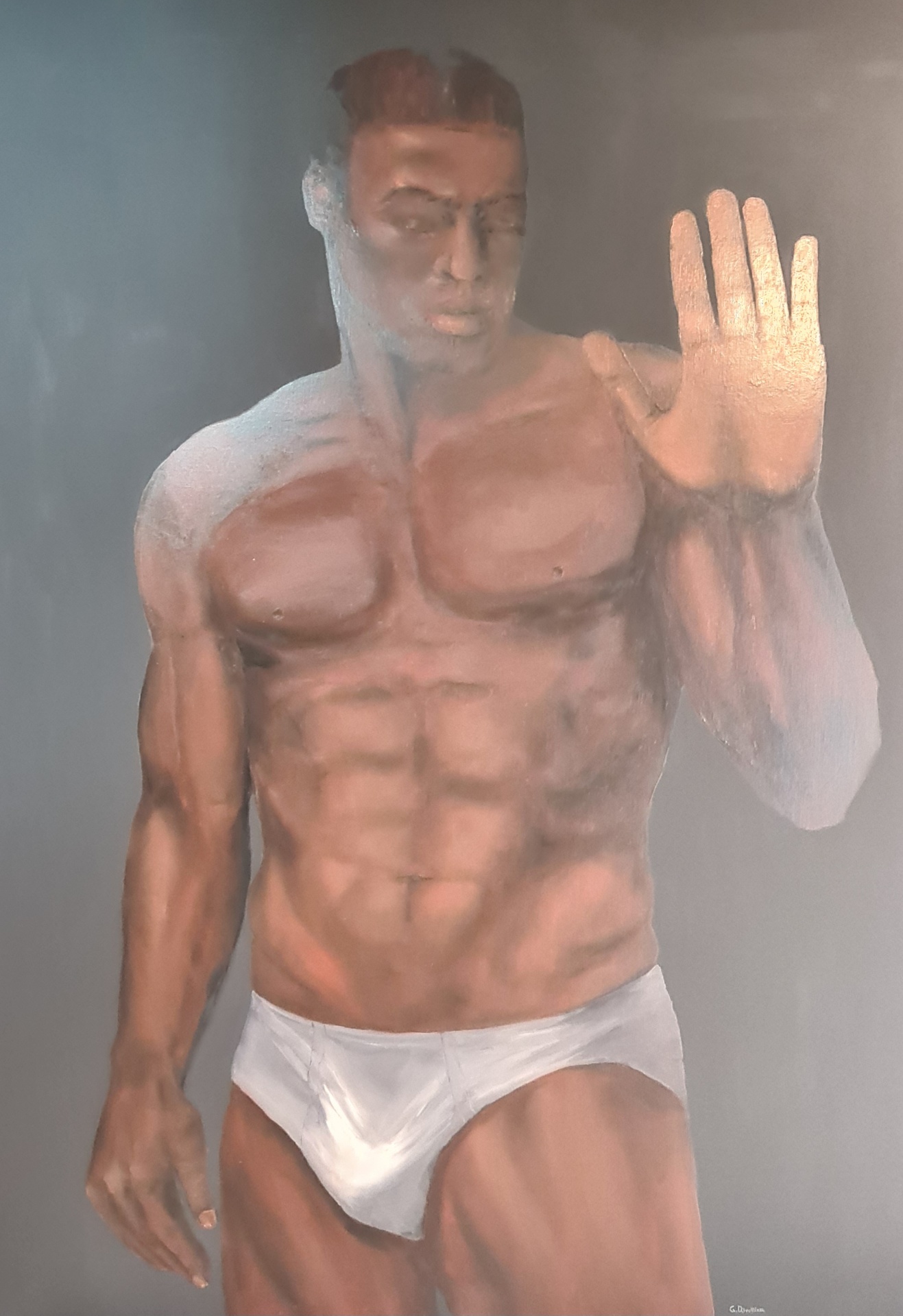Frontière — figure masculine debout, main levée en signe d'arrêt, huile sur toile, Galerie AINAY