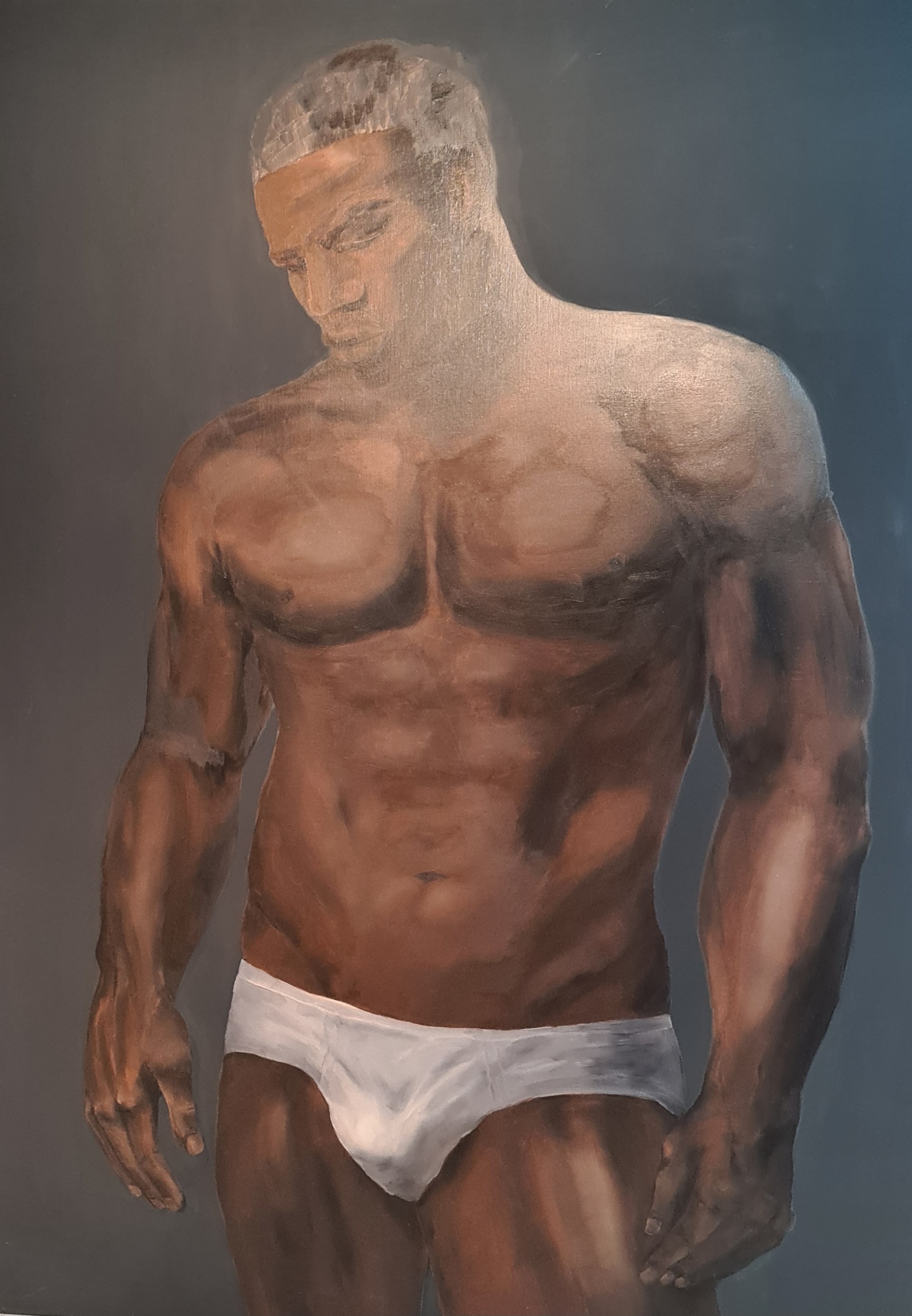 Effacement — figure masculine debout, visage dissous dans la lumière, huile sur toile, Galerie AINAY