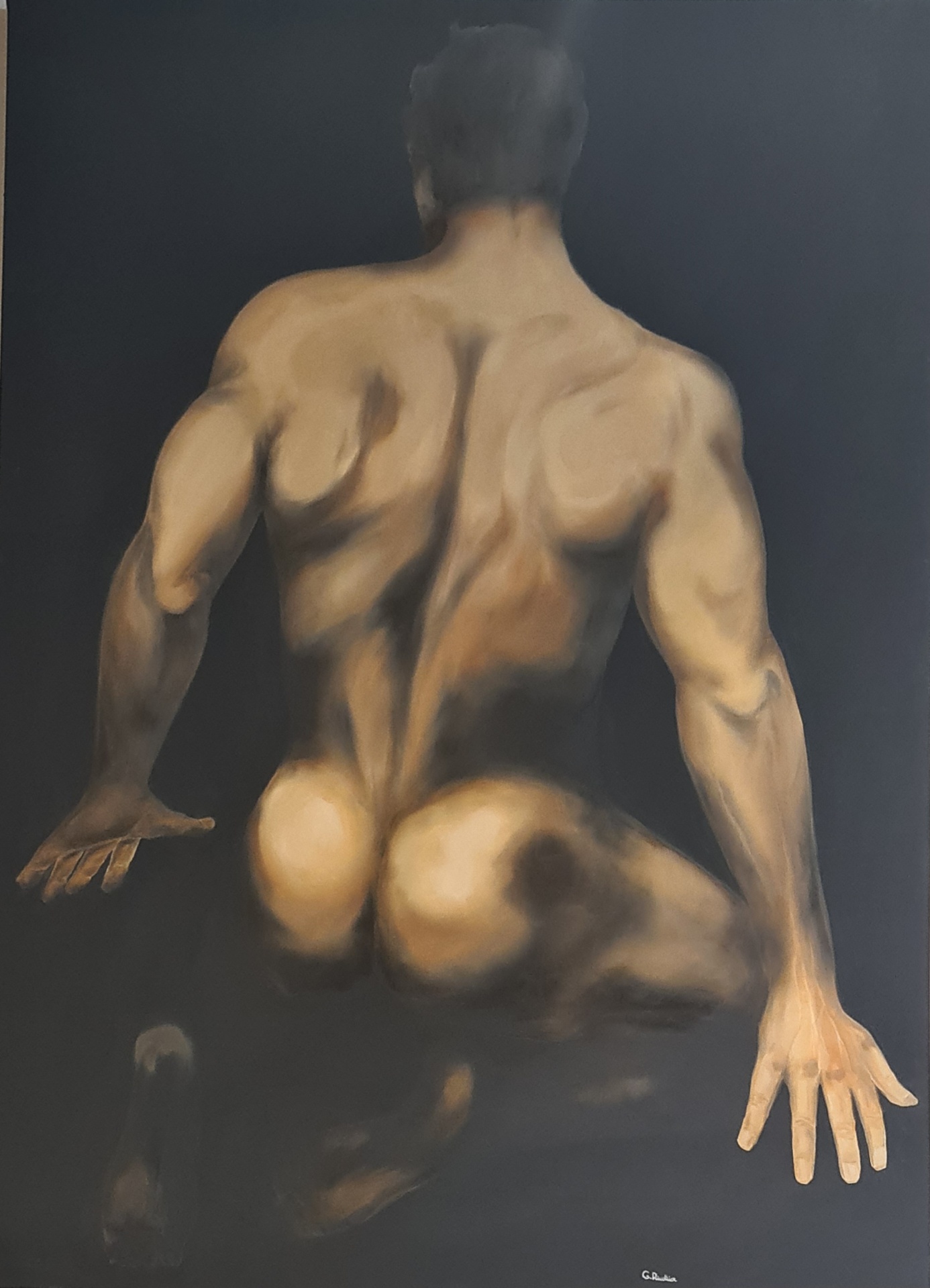 Offrande — figure agenouillée de dos, paumes ouvertes, huile sur toile, Galerie AINAY