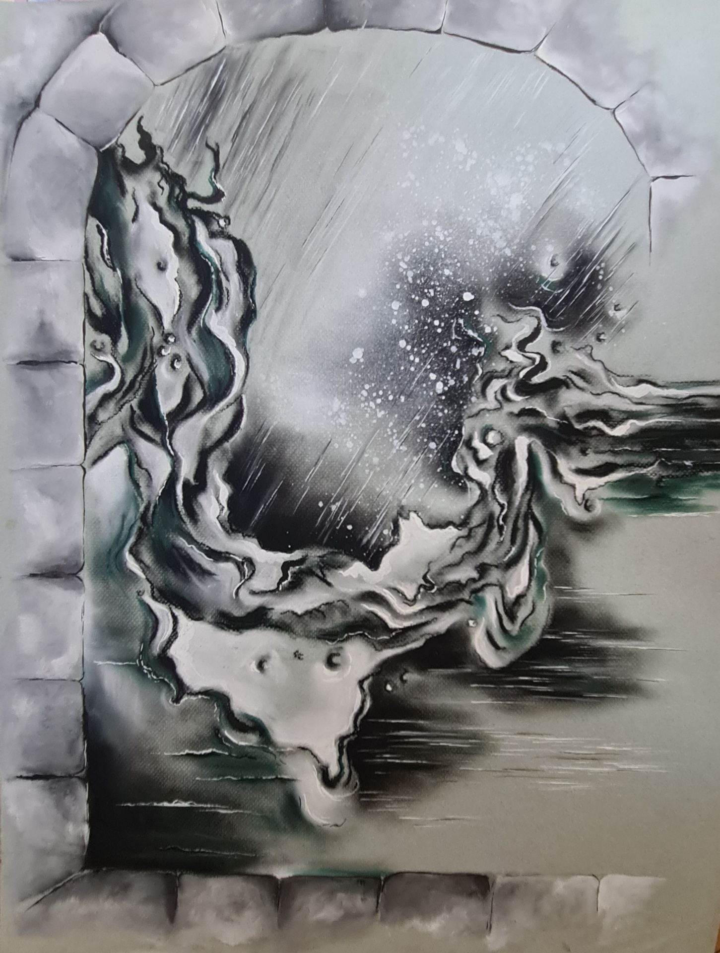 Pluie d'étoiles sous une arche de pierre, pastel