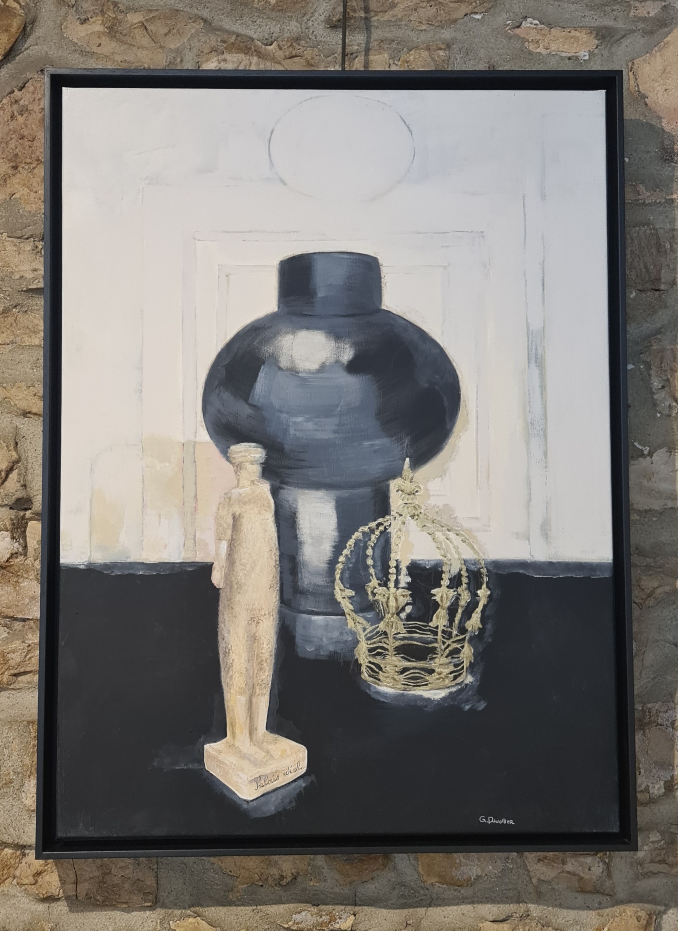 Hommage à M. Vermeer — nature morte avec vase noir, statuette et couronne dorée, acrylique, Galerie AINAY