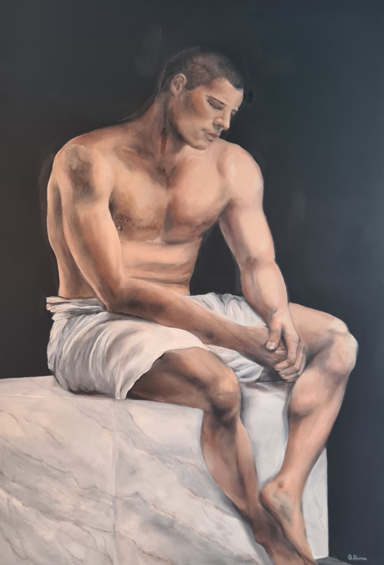 Songe — figure masculine assise sur un socle de marbre, drapé blanc, huile sur toile, Galerie AINAY