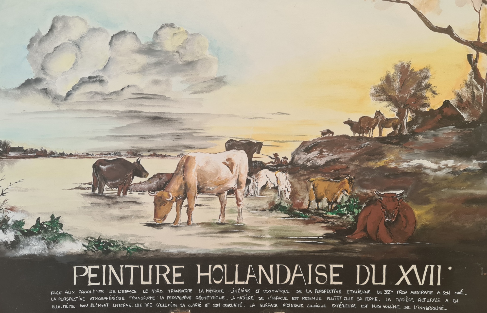 Peinture hollandaise du XVIIe — paysage aux vaches, aquarelle