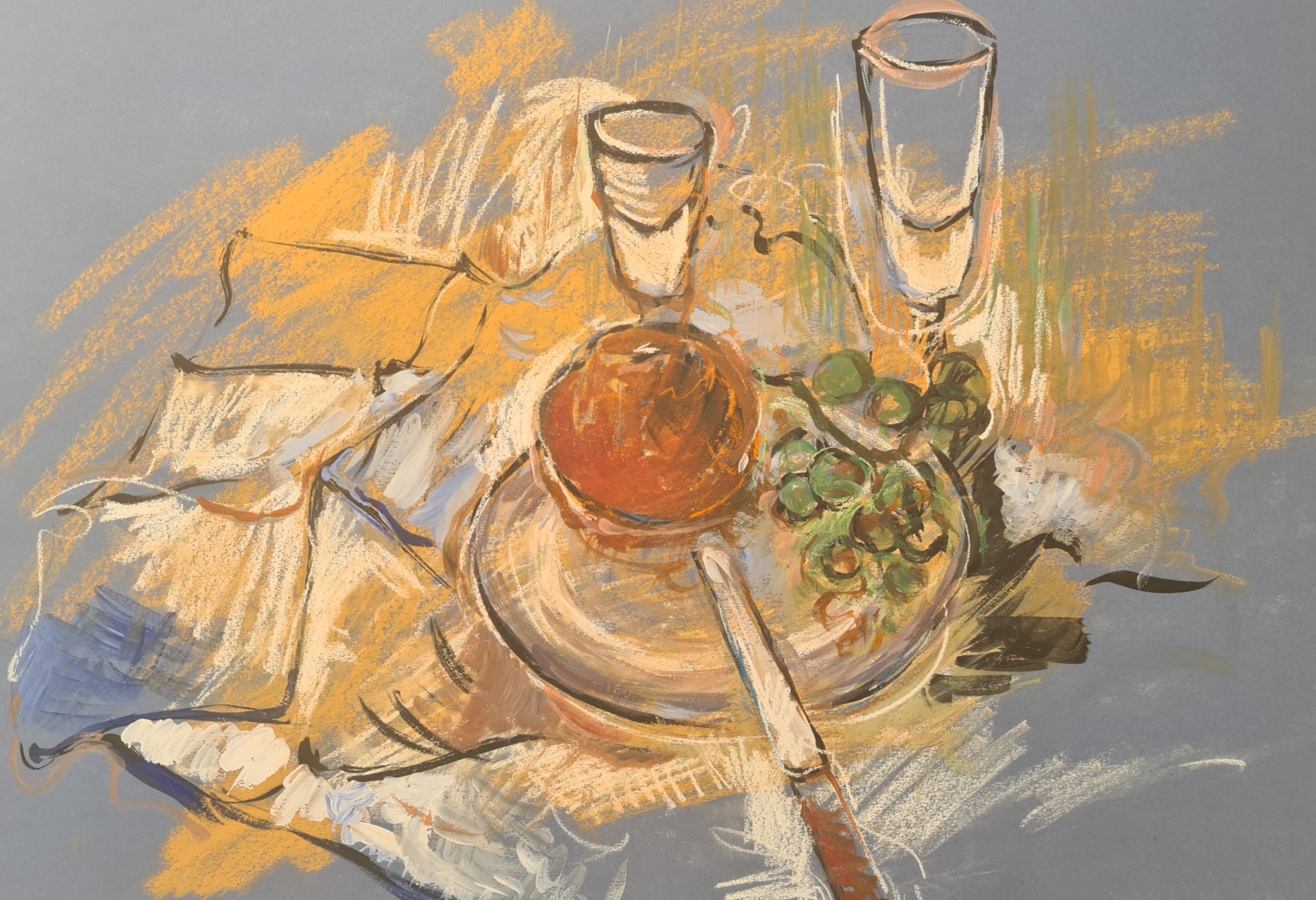 Nature morte au carafon, verres et raisins, pastel