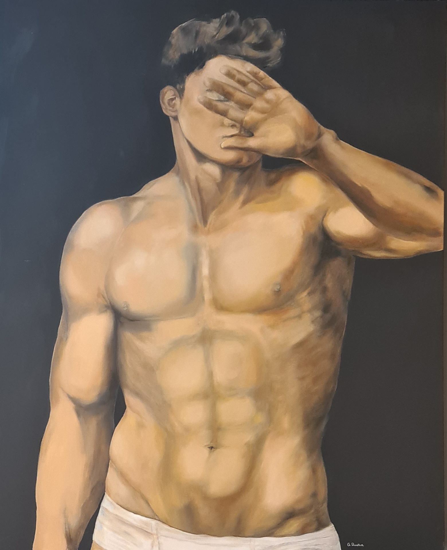 Pudeur — torse masculin, main couvrant le visage, huile sur toile, Galerie AINAY