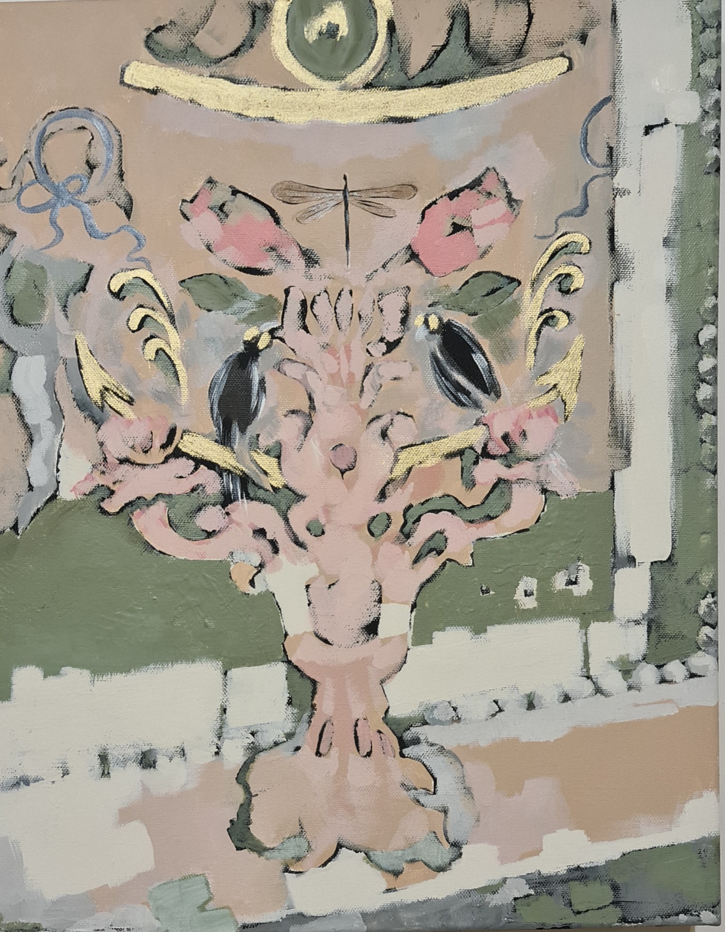 Chandelier — composition baroque rose, vert et or, acrylique, Galerie AINAY