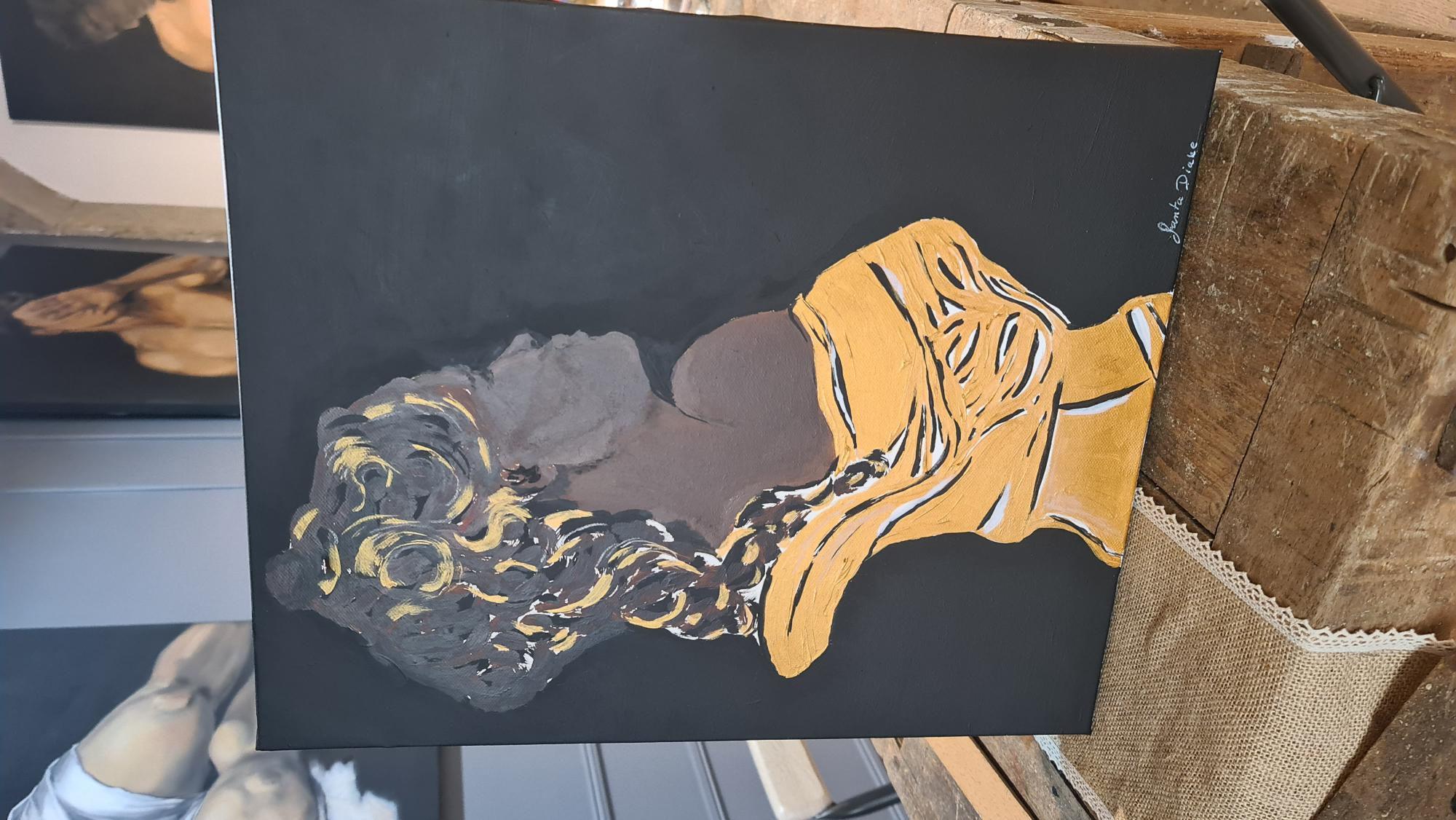 Buste antique peint à l'acrylique or et noir par une élève
